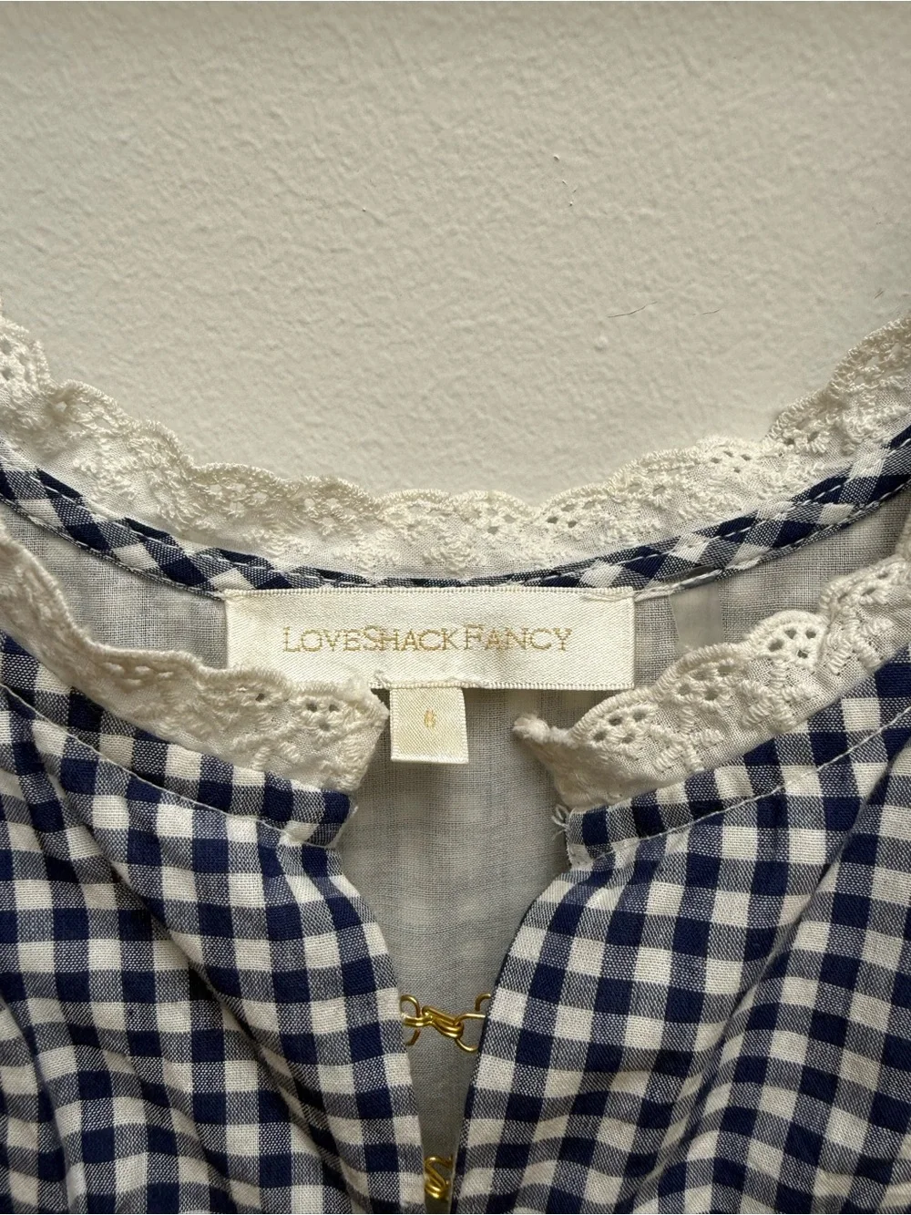 Love Shack Fancy Gingham Lace-Trim Dress - Navy and White